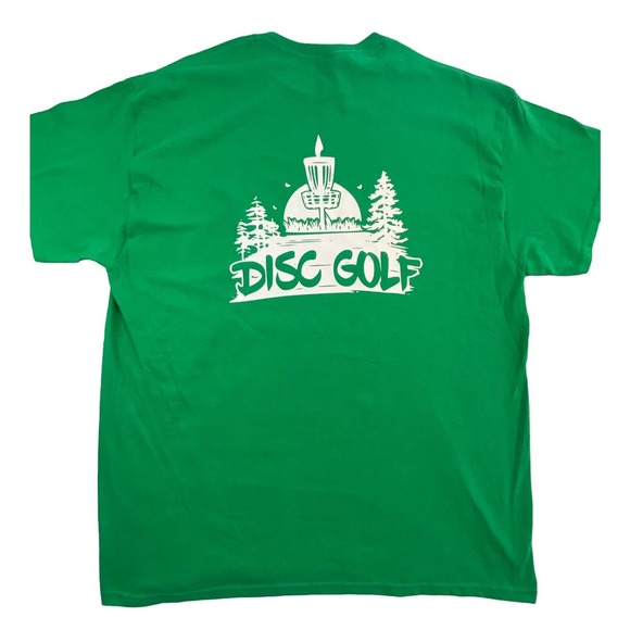 Disc Golf Shirt BASKET TREE SCENE Disc Golfer XL Graphic T-Shirt Gildan GREEN - Picture 1 of 8